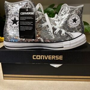 Converse All Stars Silver Sequin High Tops Size 8